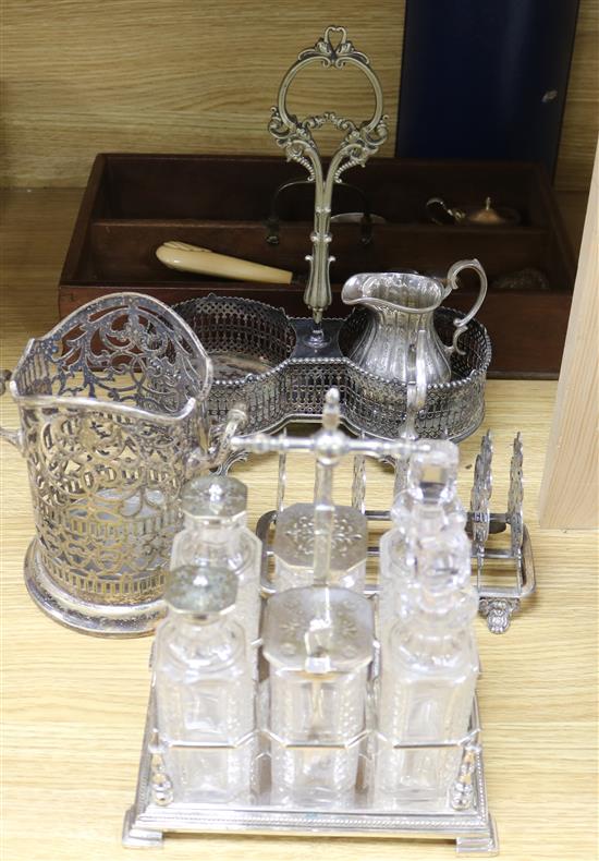 A silver plated 19th century cruet and plated wares Cruet W.19cm x H.22cm